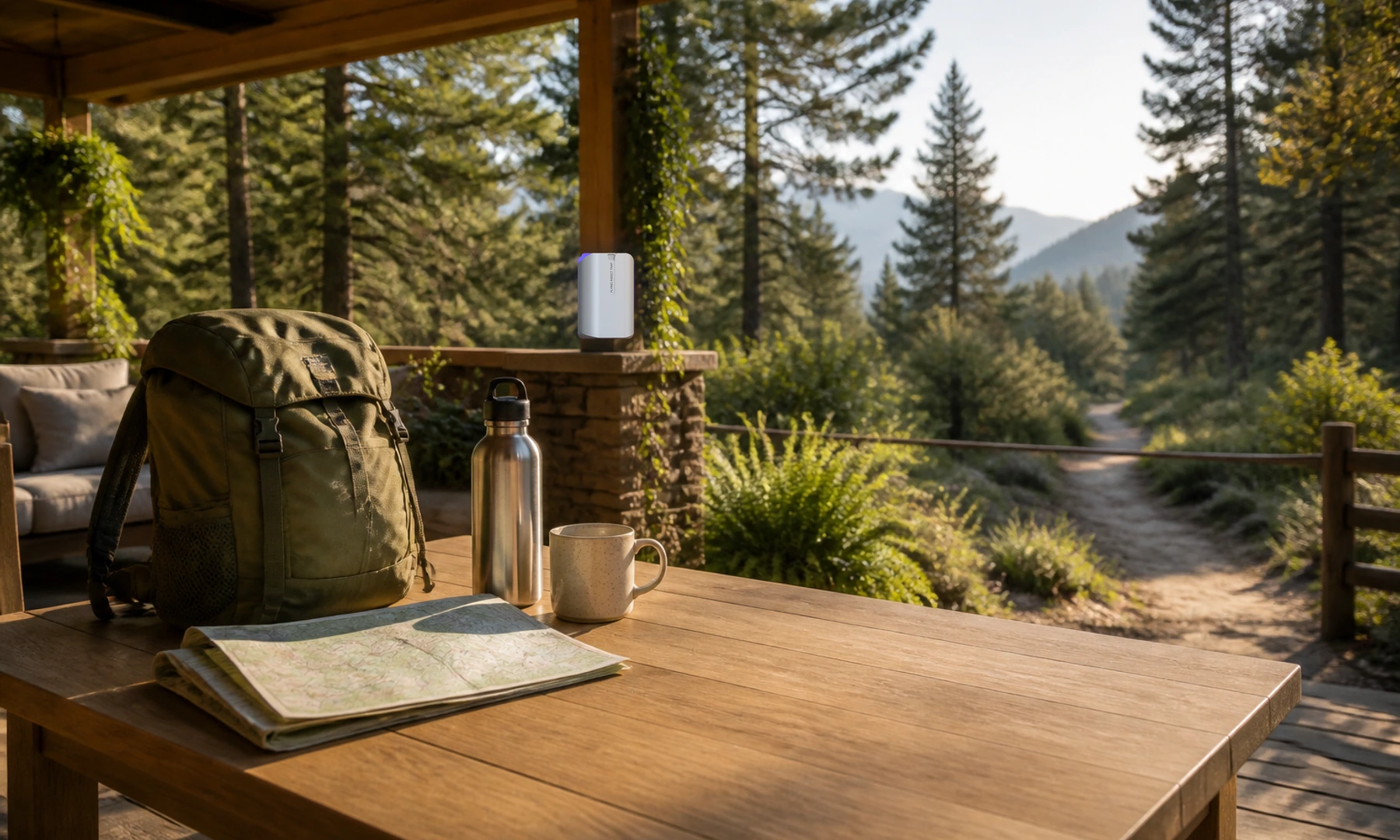 Real STOGA M81 cordless small-fly trap mounted on a dry covered garden patio near a wooded trail