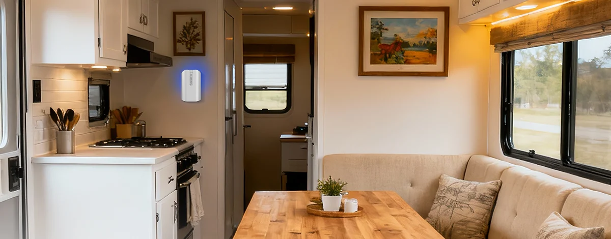 STOGA M81 cordless small-fly trap in an RV dining and kitchen area