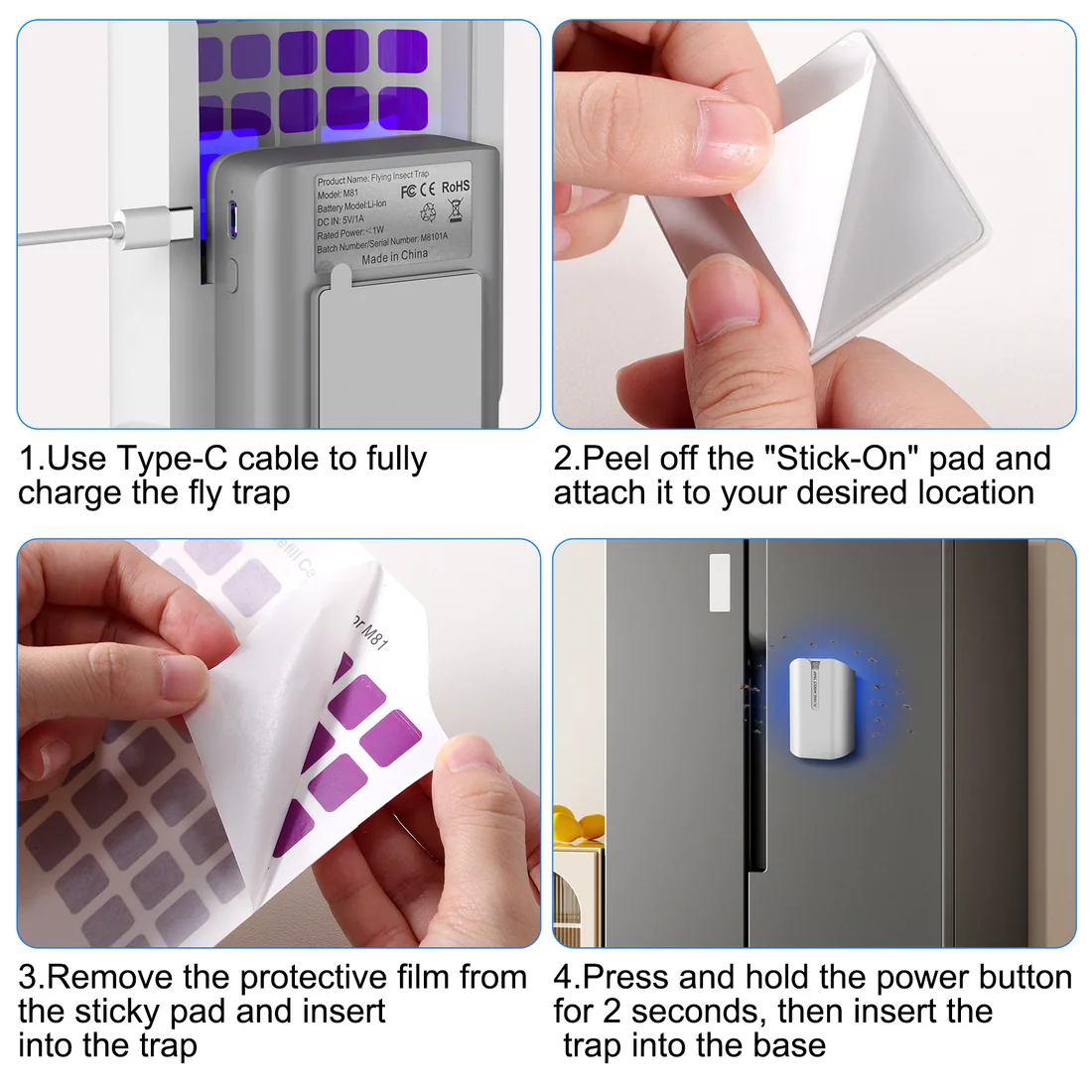 cordless rechargeable fruit fly trap — replaceable glue board setup