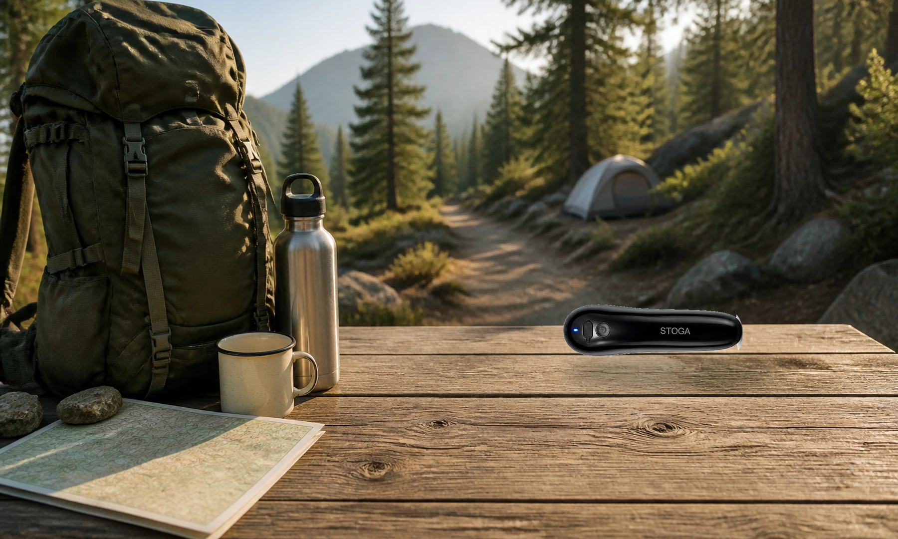 Real STOGA IRH-1 packed beside hiking gear at a mountain campsite