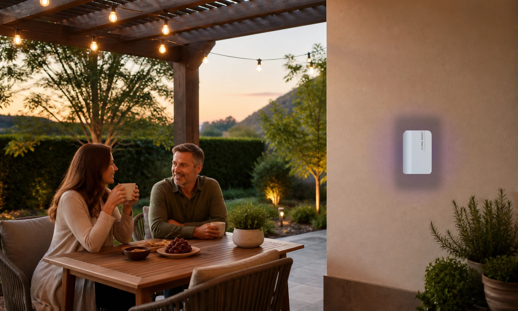 STOGA M81 cordless small-fly trap in a dry protected covered patio while two adults share coffee and food